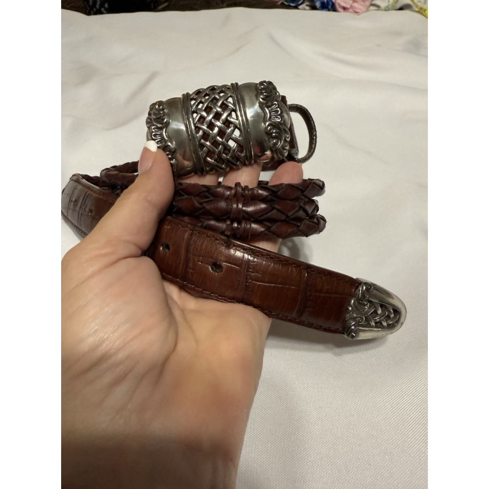 Brighton Women's brown braided leather belt Size M 90607 Silver Hardware GUC